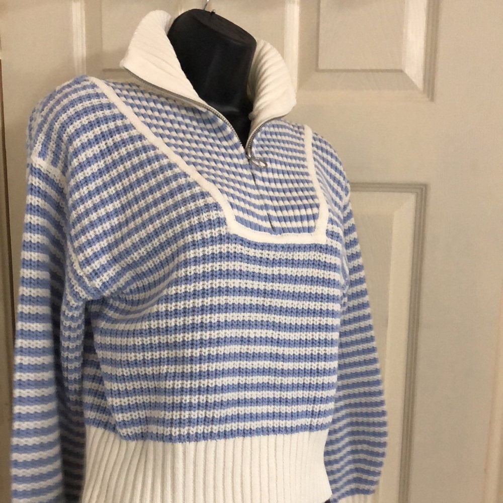 Jessica Simpson blue ecru stripe henley style quarter zipup sweater size medium - Picture 9 of 15